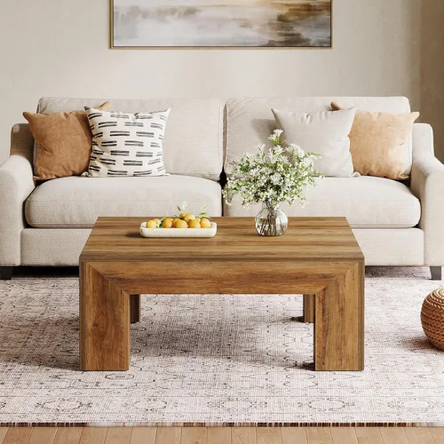 Vista 7 de Tribesigns - Mesa de café cuadrada estilo granja para sala de estar, mesa de centro baja grande de 39.37 pulgadas con patas resistentes, fácil Marrón
