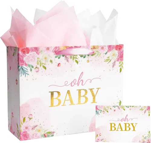 Vista 10 de Plauthus Bolsas de regalo grandes para bebé de 13 pulgadas con papel de seda y tarjeta de felicitación (oso de balón y floral), bolsas de regalo