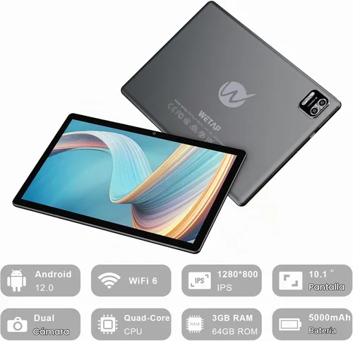 Vista 2 de WeTap Tablet Tablet Android de 10 pulgadas, tableta Android 12, 3 GB de RAM 64 GB ROM, cámara de 2 MP+8 MP, 1280 x 800 IPS, tabletas con procesador
