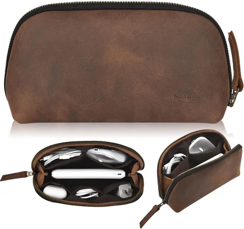 Vista 8 de Bolso de cuero para tecnología con cables y cargadores Bolso de tecnología Bolso de accesorio de viaje con cremallera Estuche organizador