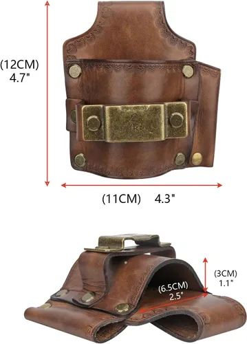 Vista 2 de TOURBON Funda de cuero para herramientas con soporte para martillo, cinta métrica y lápiz para cinturón de herramientas (Marrón Vintage)