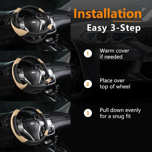 Vista 6 de Funda de cuero para volante de auto, protector antideslizante para volante de auto de cuero de microfibra transpirable, ajuste universal