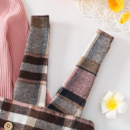 Vista 7 de Madjtlqy Conjunto de ropa de otoño e invierno para bebé niña, camiseta acanalada de manga larga + falda con tirantes a cuadros 12 18 24M 2T 3T 4T 5T