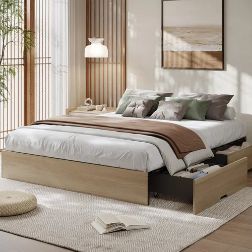 Vista 19 de GarveeHome Marco de cama de plataforma de madera de tamaño individual, marco de cama de madera sin cabecero, soporte de listones de madera,