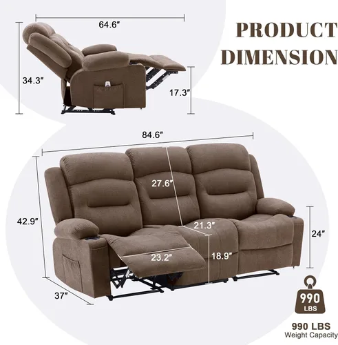 Vista 2 de Sofá reclinable extra grande con masaje y calor, sofá reclinable RV grande de 3 plazas para sala de estar, sofá reclinable pegado a la pared