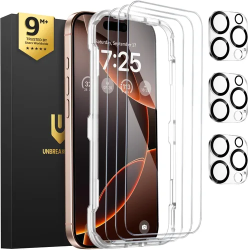 Vista 13 de UNBREAKcable Paquete de 3 protectores de pantalla para iPhone 15, 3 de vidrio templado + 3 protectores para lente de cámara, dureza 9H, claridad HD