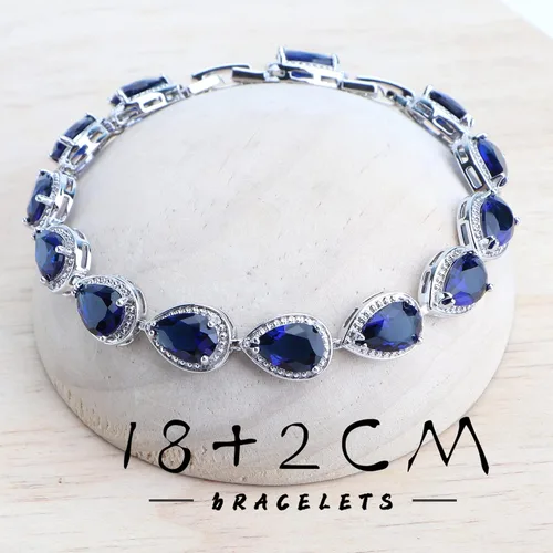 Vista 5 de conjunto de joyas de forma de gota de agua conjunto de collar de pulsera de cristal azul real pendientes para mujeres