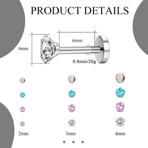 Vista 3 de JOERICA 12 pares de aretes tipo dormilona de acero inoxidable de 0.71 oz con circonita cúbica para mujeres y hombres, para cartílago, hélice, 0.079