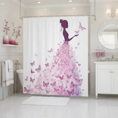 Vista 9 de Homewish Cortina de ducha de sirena azul con diseño de princesa sirena, juego de cortina de ducha para niños y adultos, cortina de baño subacuática