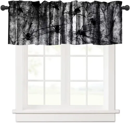 Vista 39 de Cortina de cenefa para fiesta de Halloween, diseño de dibujos animados, lindo fantasma, castillo sombrío, calabaza, murciélago, bolsillo para barra