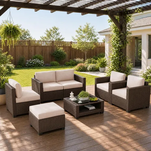 Vista 26 de Juego de 7 muebles de patio al aire libre, sofá seccional al aire libre, muebles de mimbre para patio, juego de conversación de patio con mesa