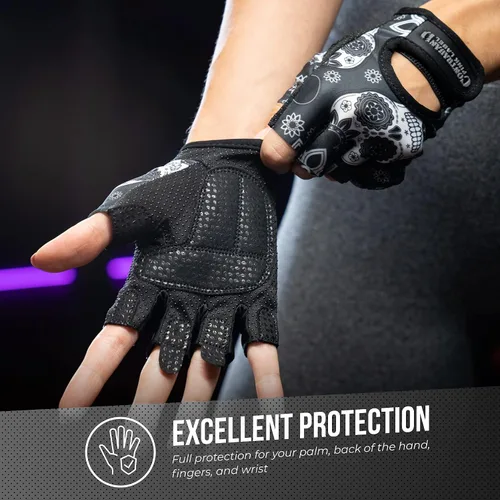 Vista 5 de Contraband Pink Label 5237 – Guantes de levantamiento de pesas con calavera, para mujer, Serie Design (1 par), Gris, M