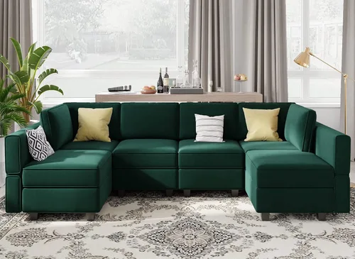 Vista 23 de Belffin Sofá modular en forma de U con tumbonas reversibles, de terciopelo, con asiento de almacenamiento, color negro
