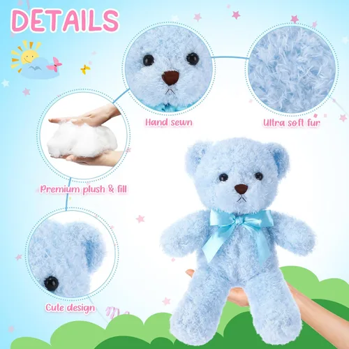 Vista 3 de HyDren 24 piezas de animales de peluche de oso a granel para niños de 10 pulgadas, juguete para dormir y jugar, animales preescolares con lazo, Azul
