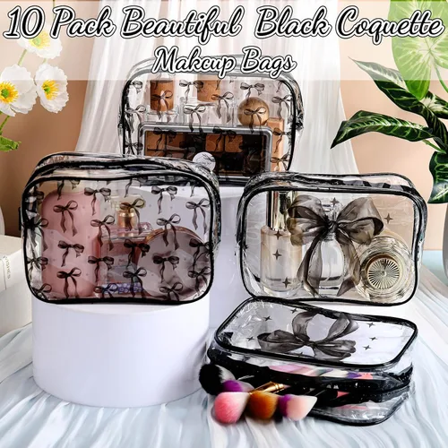 Vista 4 de Kacctyen 10 bolsas de maquillaje con lazo negro, regalos a granel para niñas y mujeres, regalos de fiesta de cumpleaños, coqueta, lazo pastel