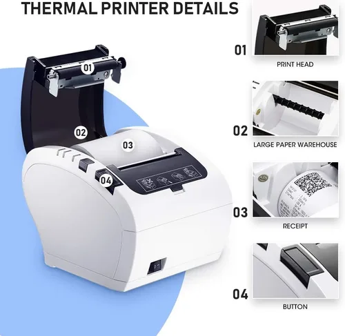 Vista 8 de MUNBYN Impresora POS, impresora térmica de recibos de 3.150 in, impresora de cocina con cortador automático de montaje en pared, ESC/POS funciona