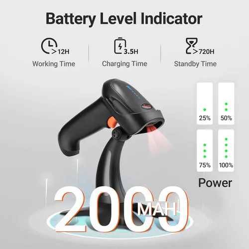 Vista 2 de Tera Escáner de código de barras inalámbrico 1D 2D QR con soporte: indicador de nivel de batería 3 en 1 funciona con Bluetooth 2.4G inalámbrico USB