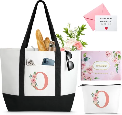 Vista 17 de TRSODD Regalos de cumpleaños para mujer, bolsa de lona con inicial con correa ajustable para el hombro y bolsa de maquillaje, regalos para mamá