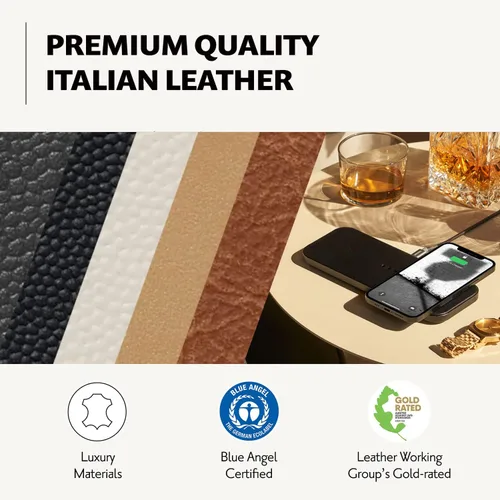Vista 3 de Courant Catch:2 Classics - Almohadilla de carga inalámbrica dual de cuero italiano - Compatible con iPhone 11, X, SE, Galaxy S23, S22, S21, S20