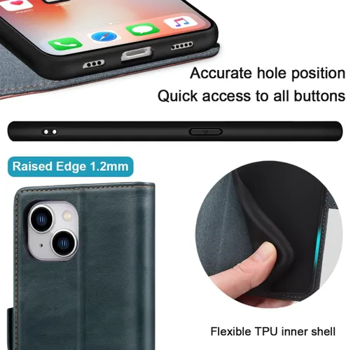 Vista 5 de KEZiHOME Funda para iPhone 15, de piel auténtica, bloqueo RFID, carcasa interior de TPU, cierre magnético, ranura para tarjetas, a prueba de golpes