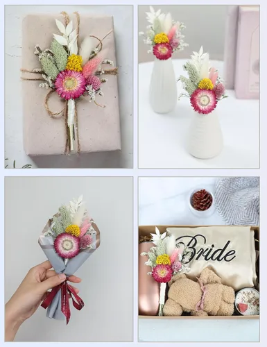 Vista 6 de Mini Ramillete de Flores Secas (Juego de 6) para Decoraciones Artesanales Hechas a Mano y Ojales para Padrinos y Novios. (Burdeos)