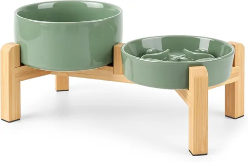 Vista 18 de Cuenco elevado para perros de alimentación lenta, 0.8 tazas de cerámica elevado con soporte inoxidable, cuenco elevado para perros de 6.3 pulgadas