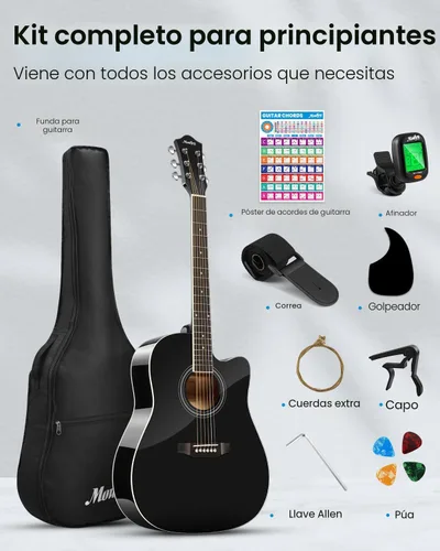 Vista 2 de Moukey Guitarra acústica de 41 pulgadas para principiantes, adultos, adolescentes, tamaño completo, con póster de acordes, bolsa de concierto, Negro