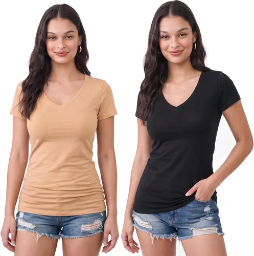 Vista 82 de Emmalise Camiseta de manga corta para mujer, cuello en V, tallas junior y plus