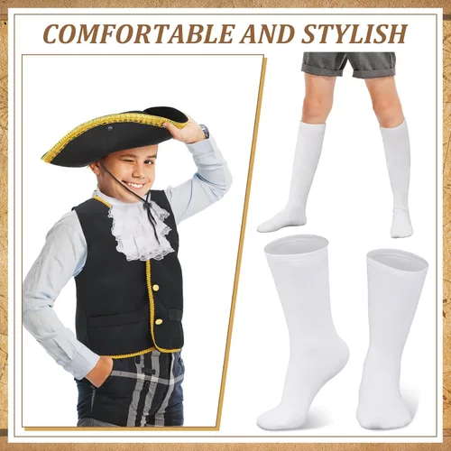Vista 4 de Ramede Conjunto de disfraz colonial para niños y niños, disfraz de guerra revolucionaria, chaleco de tricornio, gorro de tricornio, calcetines