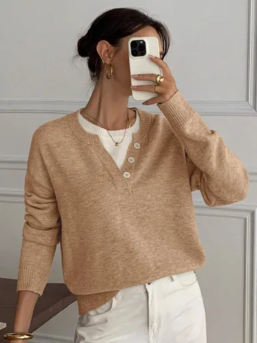 Vista 7 de SOLY HUX Suéteres Pullover para Mujer de Manga Larga con Botones Cuello Redondo 2 en 1 Tops de Punto Holgados Albaricoque y Beige