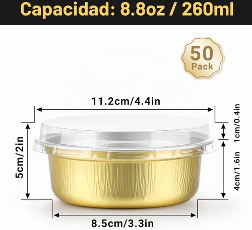 Vista 2 de Beasea - Juego de 50 ramekins de aluminio con tapas, 260 ml, 8.8 oz, 4 pulgadas, ramekins desechables de papel de aluminio para hornear, redondos