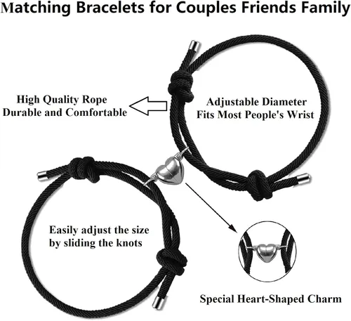 Vista 2 de Dlihc 2 pulseras para parejas para mujeres y hombres, pulseras de corazón para parejas, pulseras a juego para mejor amigo, novio y novia