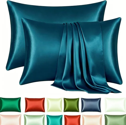 Vista 23 de Juego de 2 fundas de almohada de seda satinada de lujo para cabello y piel, fundas de almohada de satén con cierre de cremallera (estándar