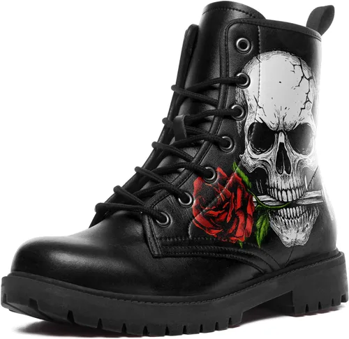 Vista 12 de Botas de combate negras personalizadas para mujer, con lazada, estilo cráneo y rosa, botas de tacón grueso y plataforma de cuero