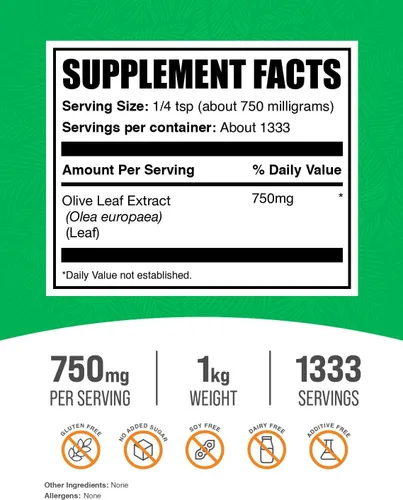 Vista 2 de BulkSupplements. com Extracto de hoja de olivo en polvo, suplemento de hierbas, fuente antioxidante, polvo de hoja de olivo, sin gluten, 750 mg por