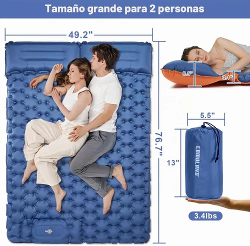 Vista 2 de CAMULAND Colchoneta para dormir, colchón de camping con almohada con bomba de pie incorporada, alfombrilla inflable autoinflable, compacta