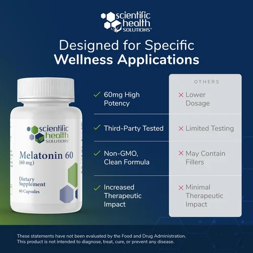 Vista 6 de Melatonina de 60 mg Melatonina de alta dosis en cápsulas fáciles de tragar Vegana, sin OMG y sin gluten Extra fuerte hecha en Estados Unidos