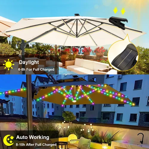 Vista 7 de luces de sombrilla solar, 8 hebras de luces de sombrilla para patio al aire libre con 8 modos, panel solar de 3V, clip con 112 LED, luces al aire