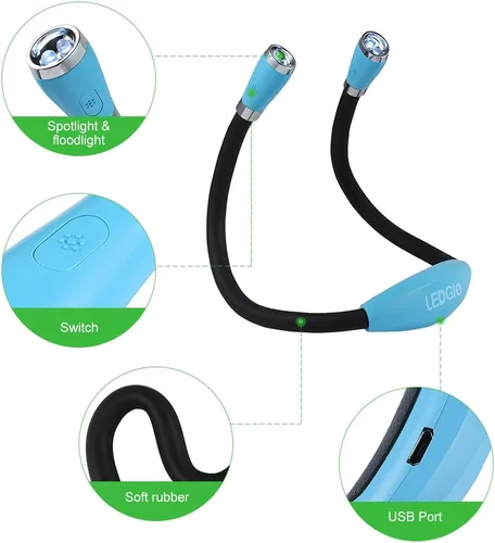 Vista 2 de LEDGLE Luz de lectura para el cuello, linternas recargables para el cuello para tejer, 4 bombillas LED + 3 brillo ajustable + brazos de silicona
