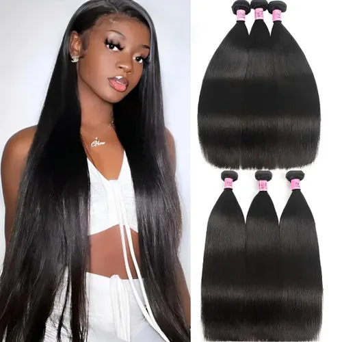 Vista 10 de Cabello 7 a malayo liso, 4 paquetes sin procesar, vírgenes, extensiones de pelo, cabello humano con longitudes mixtas, 100% cabello humano