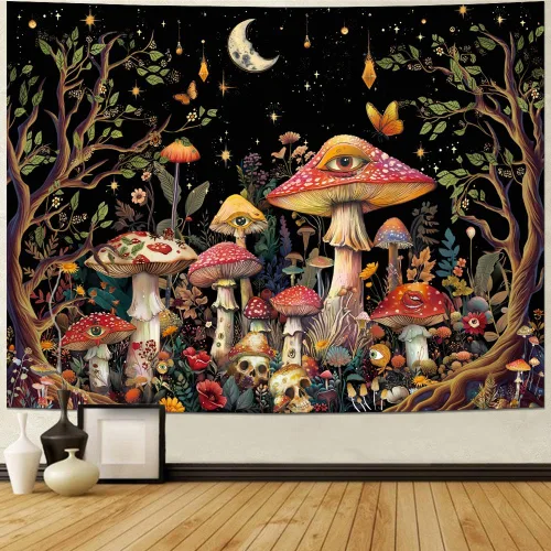 Vista 2 de Generleo Tapiz de hongos con luz negra, tapiz floral de plantas hippie reactivas a los rayos UV, tapices de luna de árbol malvado de ojo, decoración