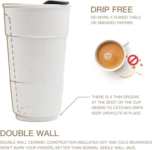 Vista 2 de Taza de café de viaje de cerámica de doble pared aislada con tapa deslizante, funda de silicona y portavasos incorporado, 10 fl.oz (Azul)