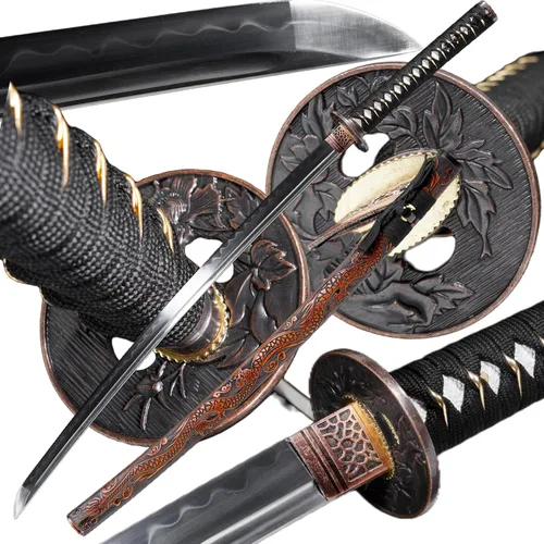 Vista 15 de Katana，Hand-Forged Katana Sword，Razor-Sharp 1095 & T10 Damascus Steel Blade, Full-Tang Structure for Martial Arts Practice, Collector's Display