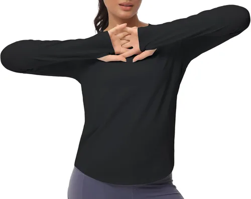Vista 6 de THE GYM PEOPLE Camisas de entrenamiento de manga larga para mujer, atléticas, cuello redondo, senderismo, con agujero para el pulgar