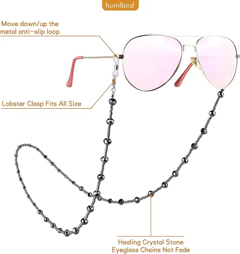 Vista 4 de humlbird Cadena de gafas para mujer, elegante cordón de máscara de cristal natural, cadena de soporte para gafas