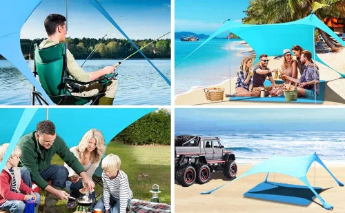 Vista 7 de Tienda de campaña de playa de 77 pies con protección UV UPF50+, toldo al aire libre con 2 postes para camping, pesca, patio trasero y pícnics