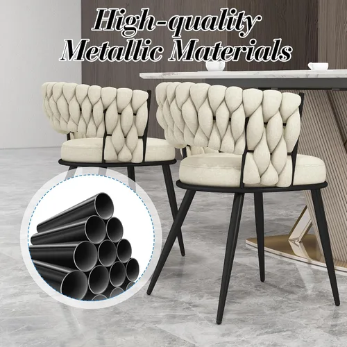 Vista 7 de Juego de 2 sillas de comedor tejidas, modernas sillas de comedor tejidas a mano con patas de metal negro, sillas tapizadas con marco negro