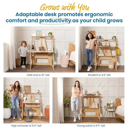 Vista 5 de ECR4Kids Grows with Me - Escritorio para sentarse o de pie, muebles para niños, natural