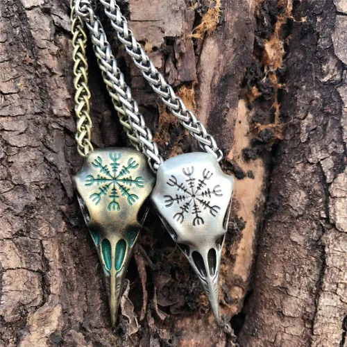 Vista 3 de NJ - Collar de calavera de cuervo vikingo, acero inoxidable, retro, peltre y cuervos, lanza nórdica, vikingo nórdico, runa nórdica, colgante gótico