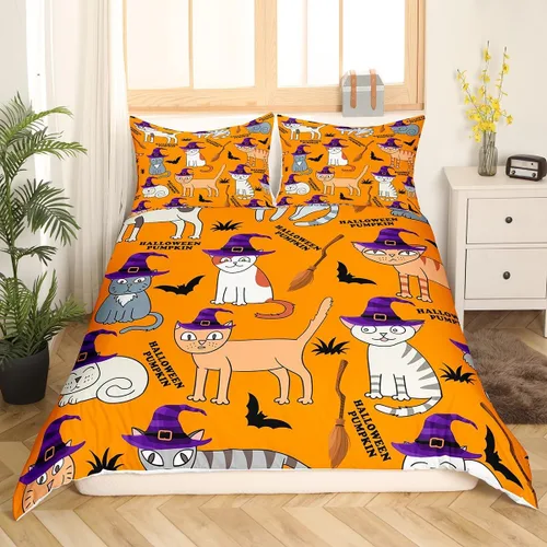 Vista 9 de Feelyou Funda de edredón de Halloween, tamaño individual, con 1 funda de almohada, decoración de Halloween, juego de ropa de cama con estampado